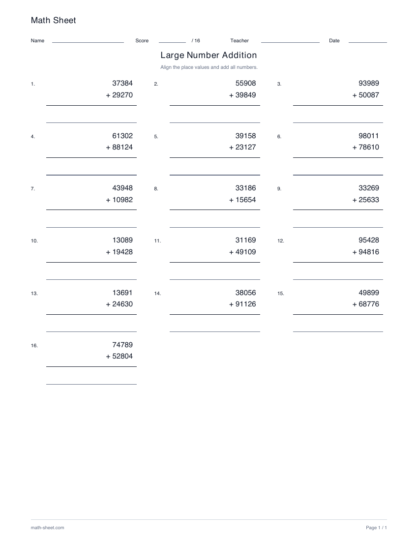 Printable large-number addition worksheet preview