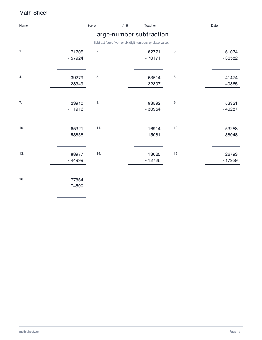 Printable large-number subtraction worksheet preview