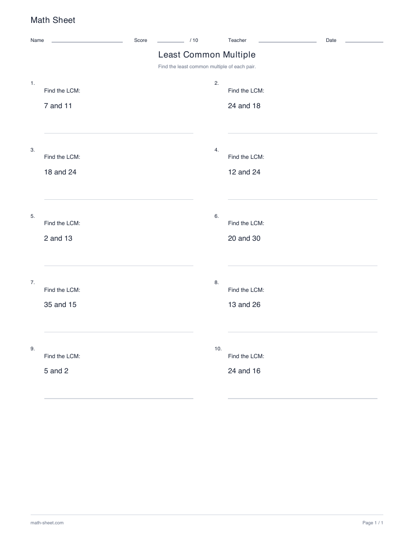 Printable find the least common multiple worksheet preview