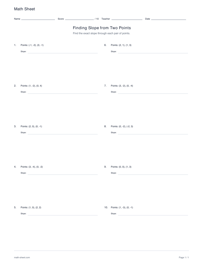 First page preview: Finding slope from two points worksheets