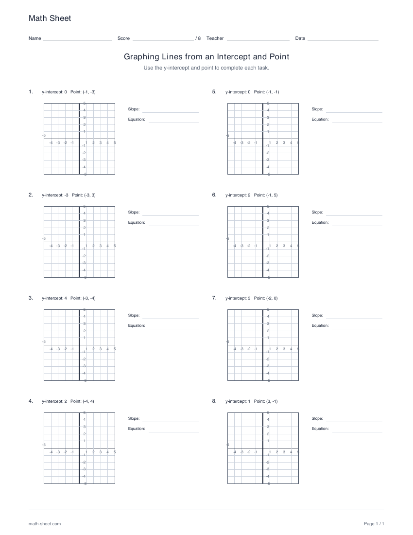 First page preview: Graphing lines from an intercept and point worksheets