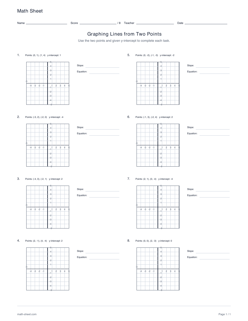 First page preview: Graphing lines from two points worksheets