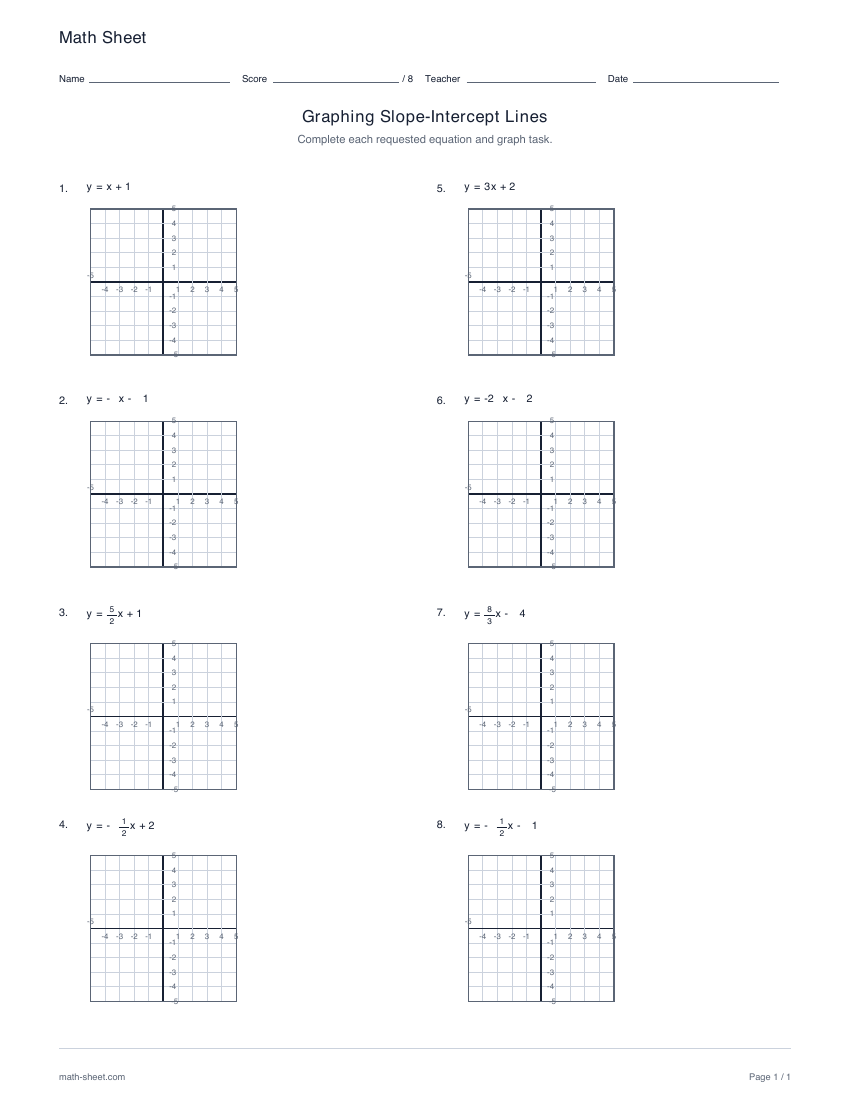 First page preview: Graphing slope-intercept form worksheets