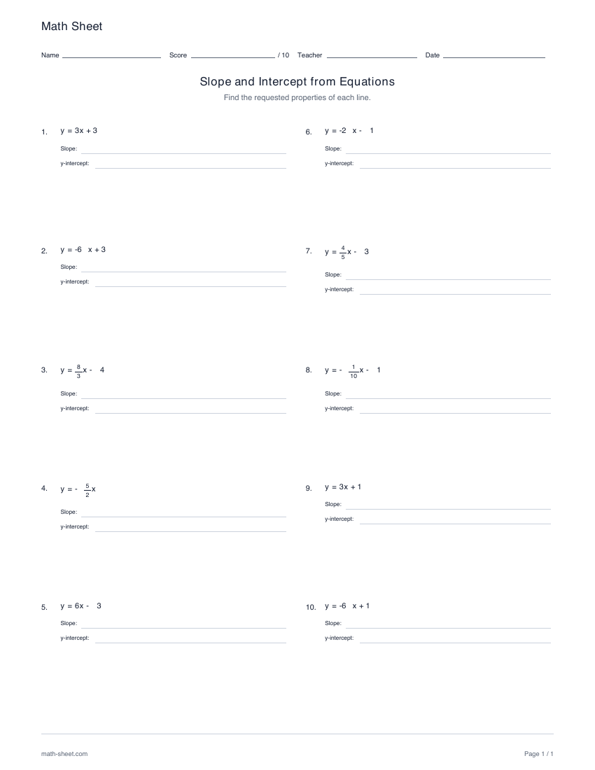 First page preview: Slope and y-intercept from equations worksheets