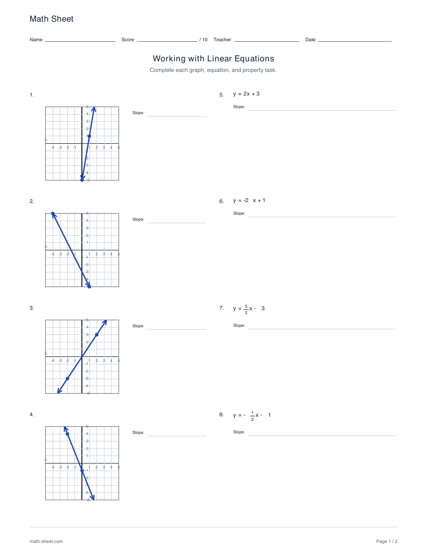 Free Linear Functions and Slope Worksheets | Math Sheet
