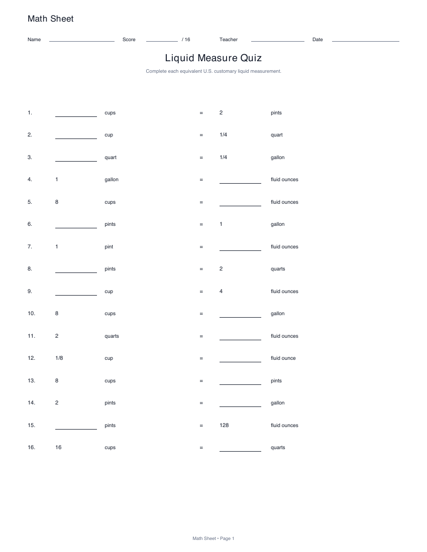 Printable liquid measure conversions worksheet preview