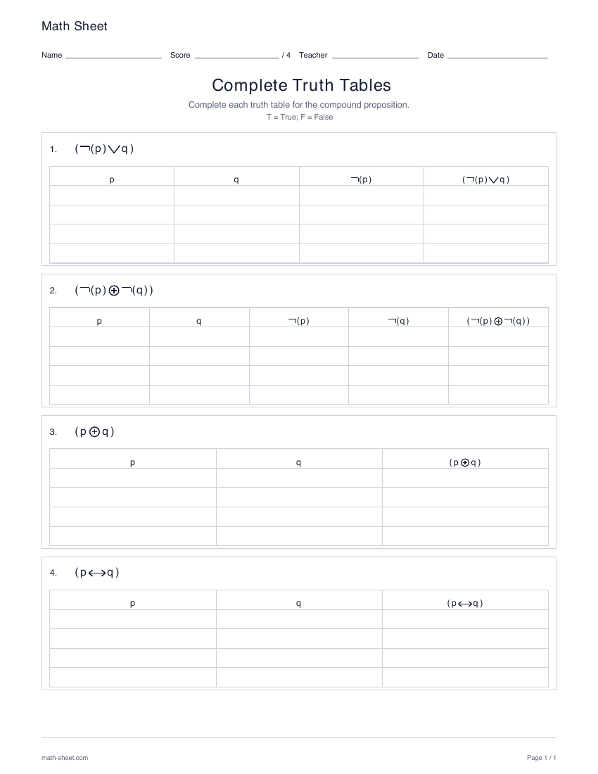 First page preview: Complete truth tables worksheets