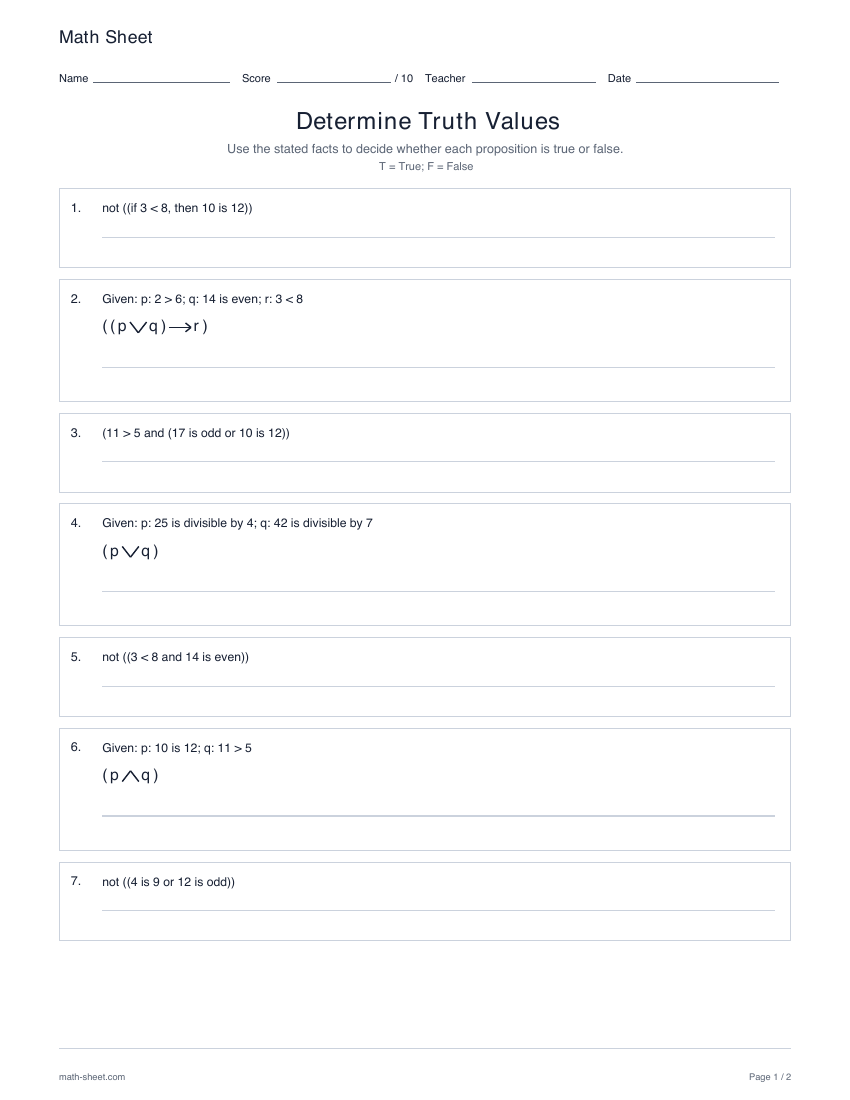 First page preview: Determine truth values worksheets