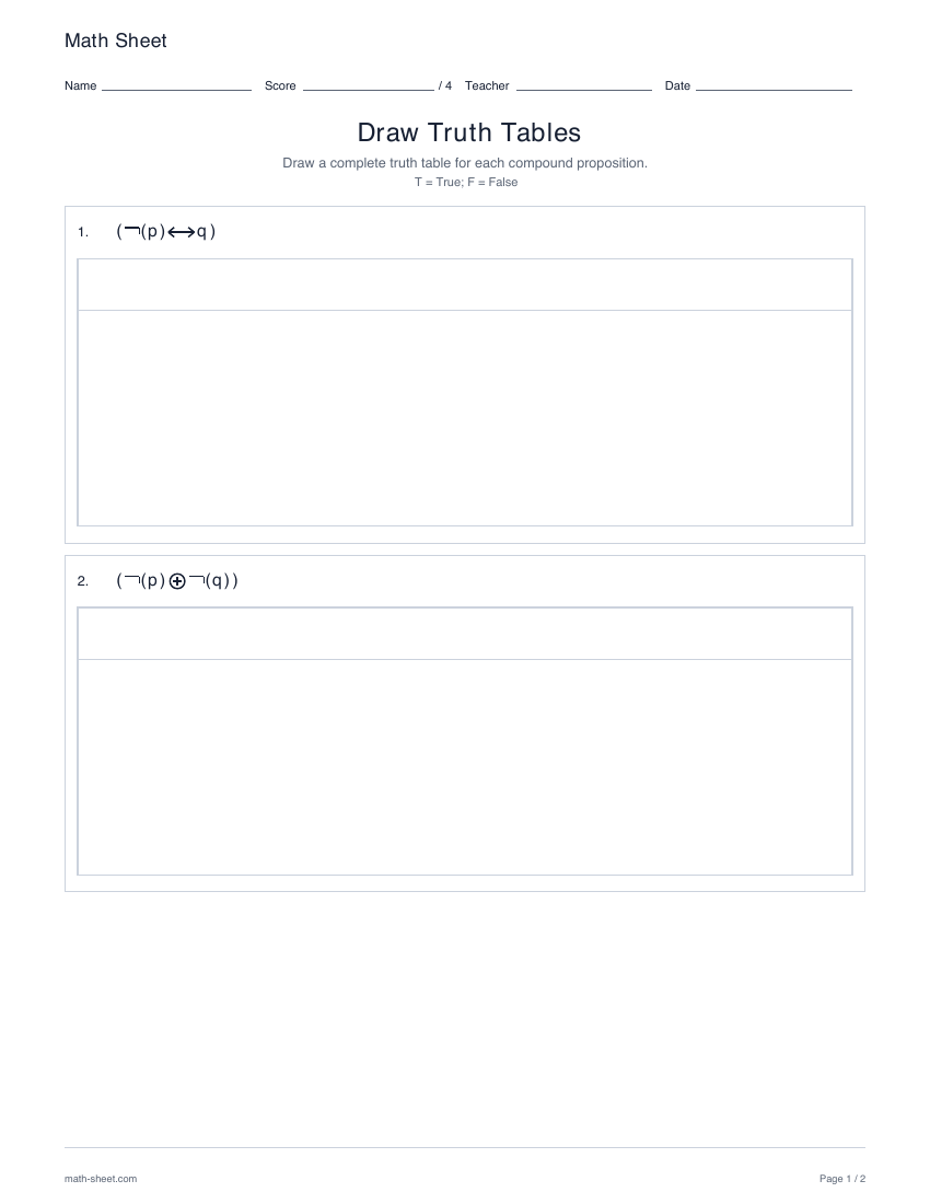 First page preview: Draw truth tables worksheets