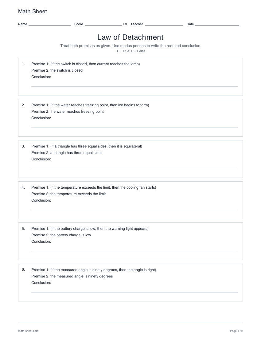 First page preview: Law of detachment worksheets