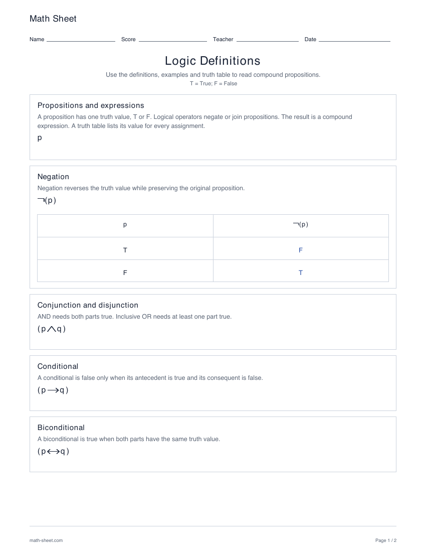 First page preview: Logic definitions reference sheet