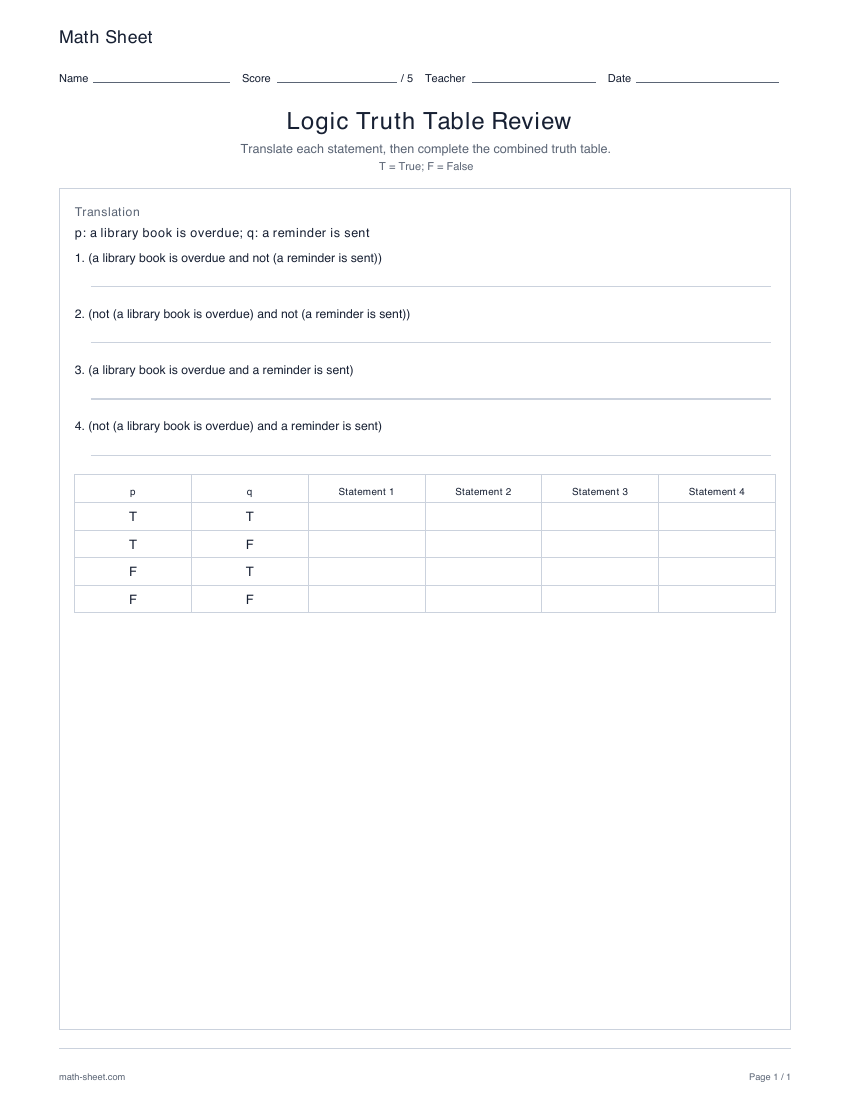 First page preview: Logic truth table review worksheets