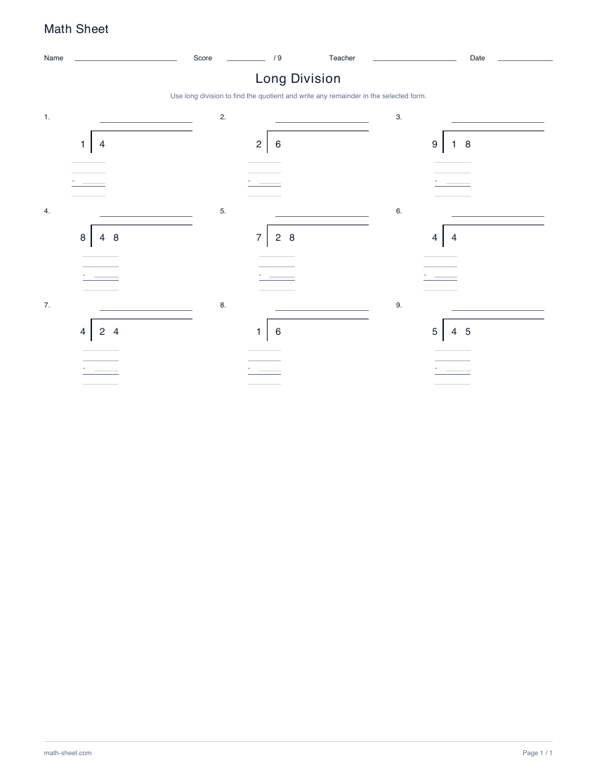 Printable long division worksheet preview