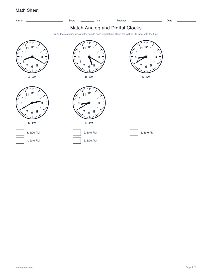 Printable match analog and digital clocks worksheet preview