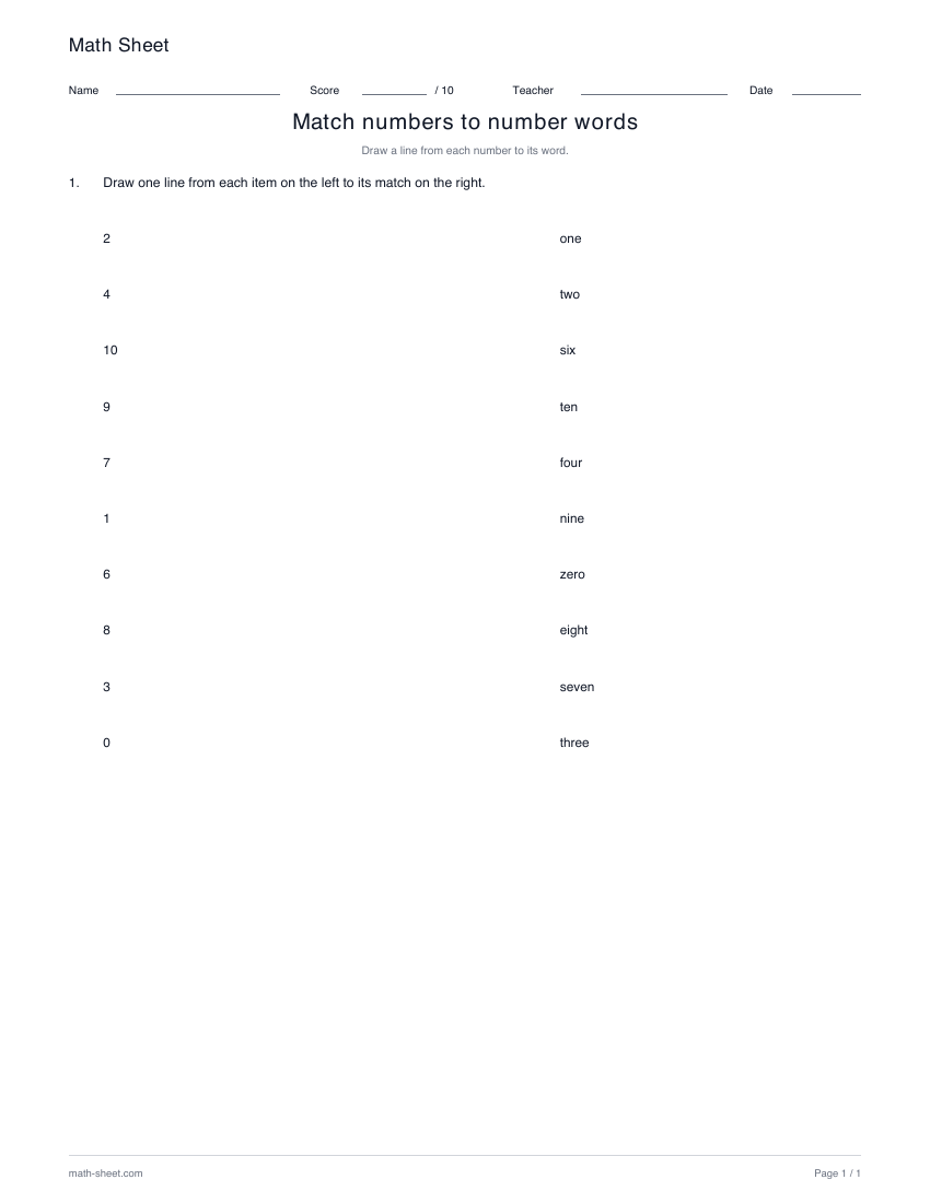 Printable match numbers to number words worksheet preview