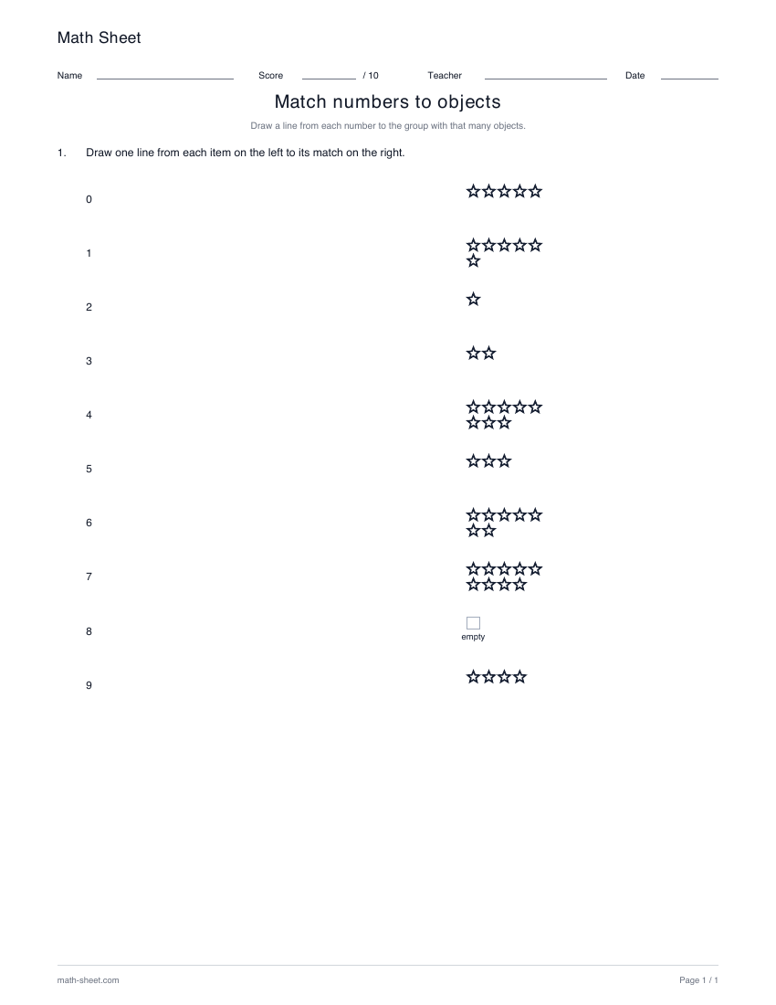 Printable match numbers to objects worksheet preview