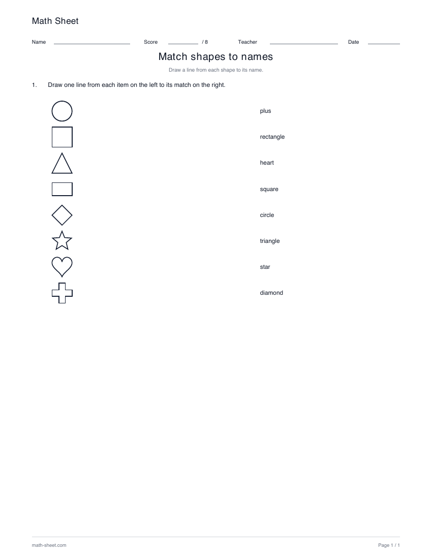 Printable match shapes to names worksheet preview