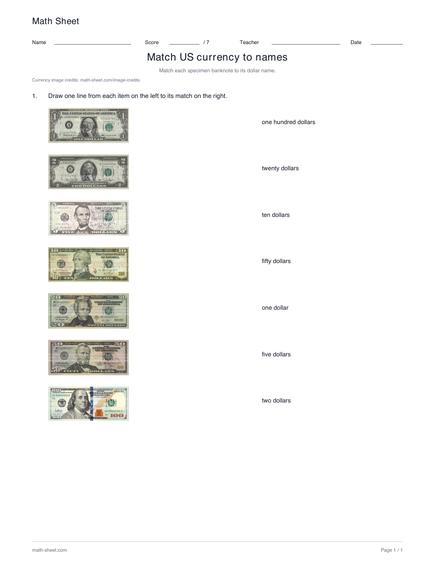 Preview of the real currency image worksheet