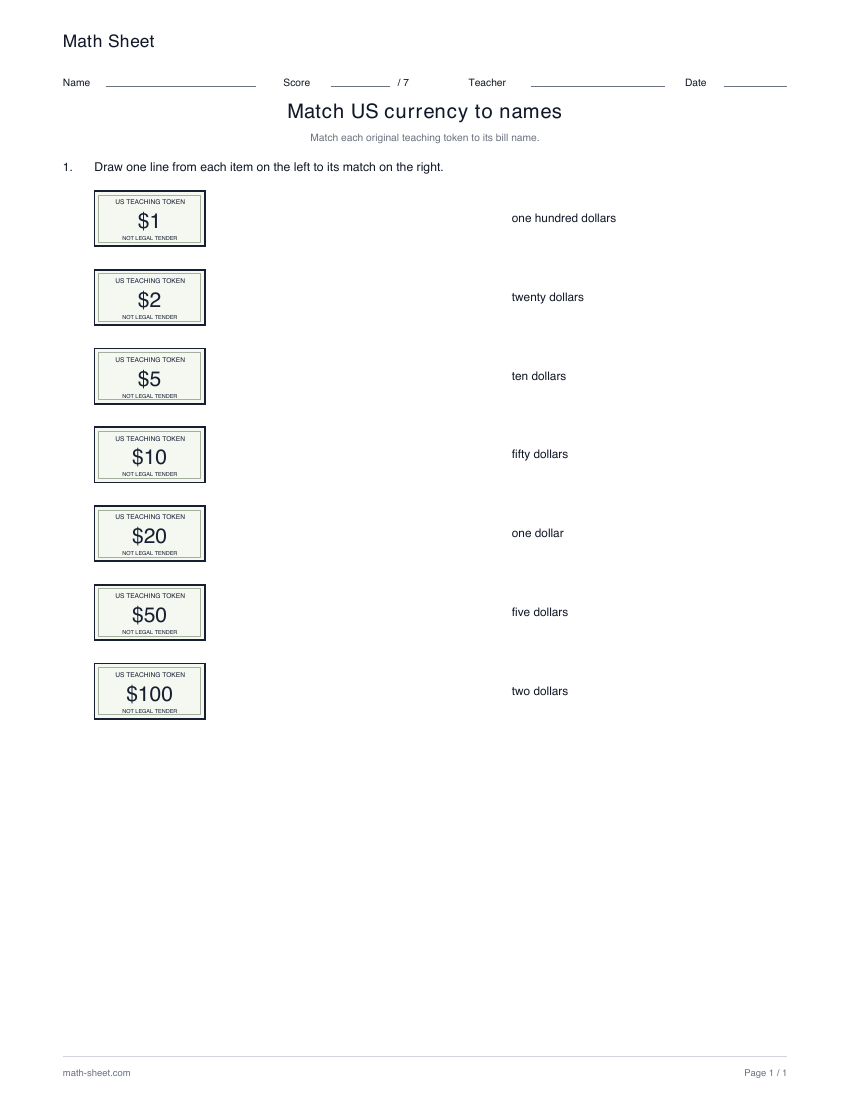 Printable match us currency to names worksheet preview