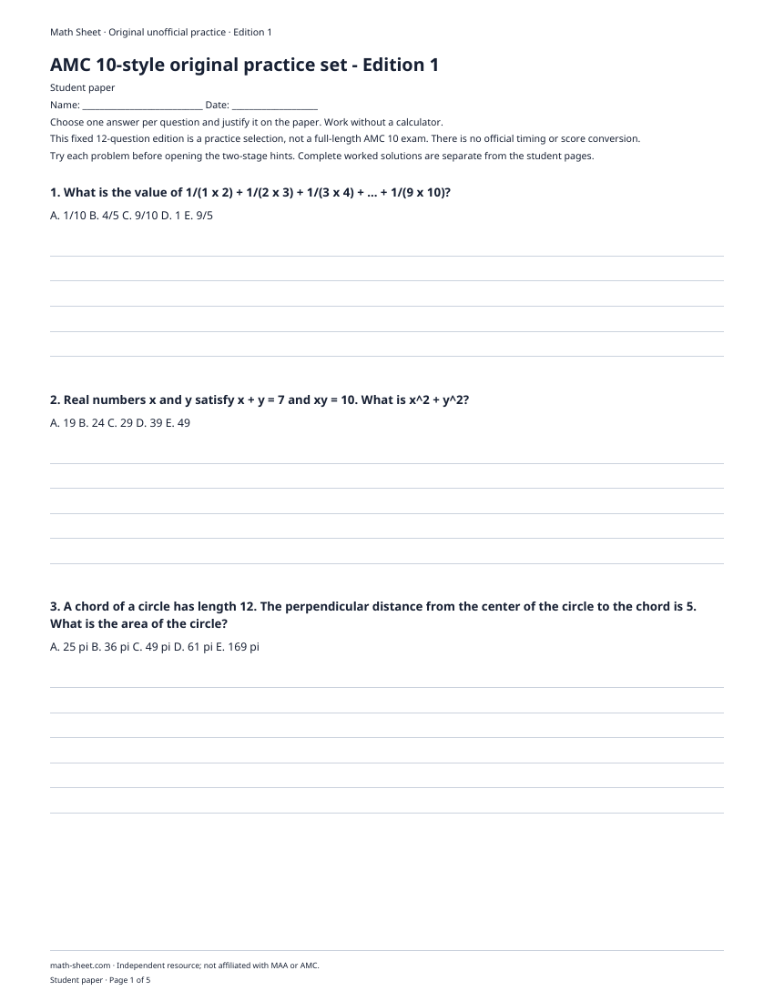 Printable amc 10-style practice problems worksheet preview