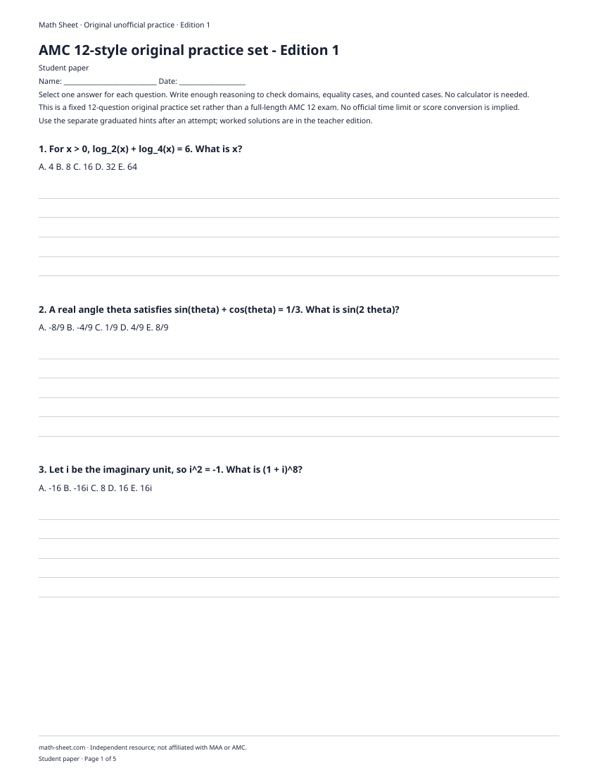 Printable amc 12-style practice problems worksheet preview