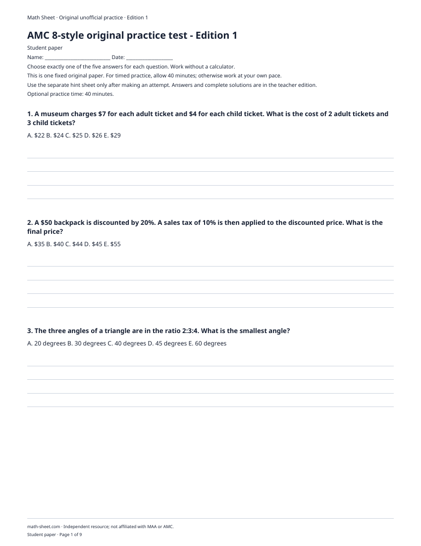 Printable amc 8-style practice test worksheet preview
