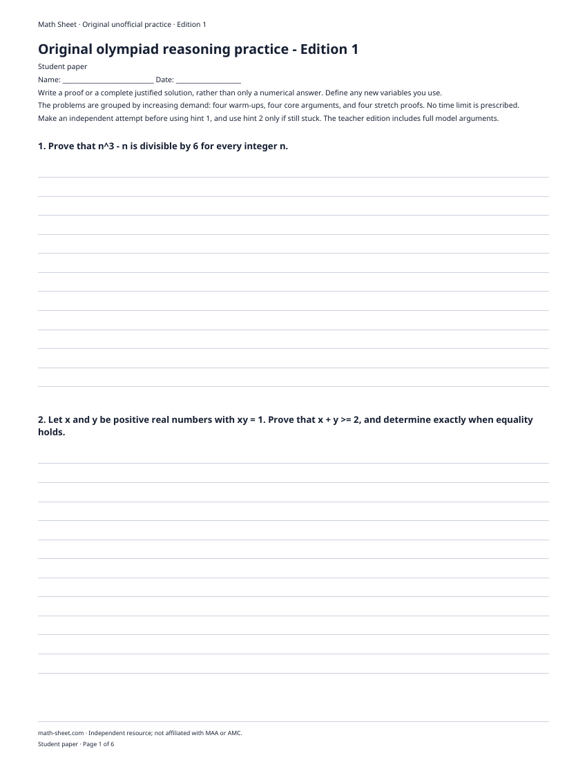 Printable math olympiad practice problems worksheet preview