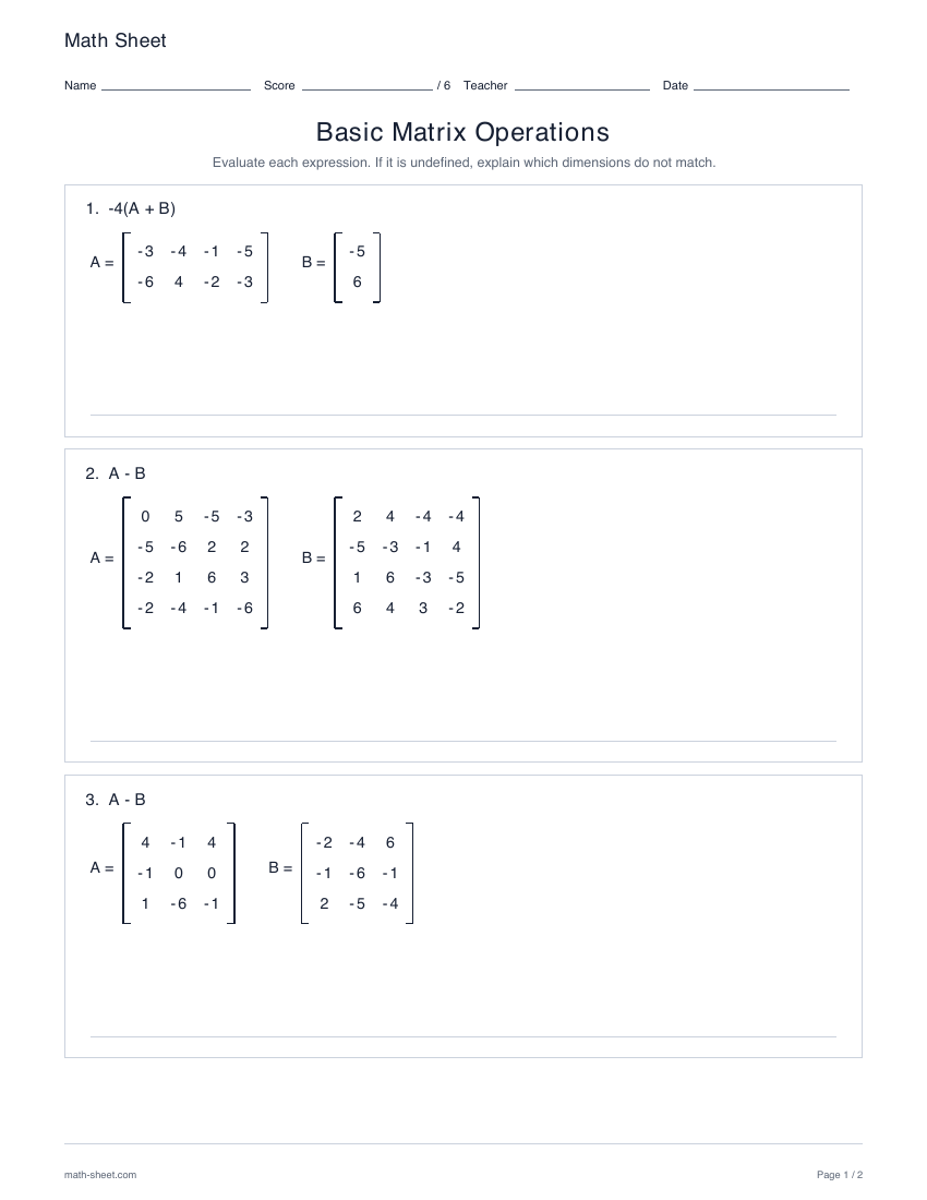 First page preview: Basic matrix operations worksheets
