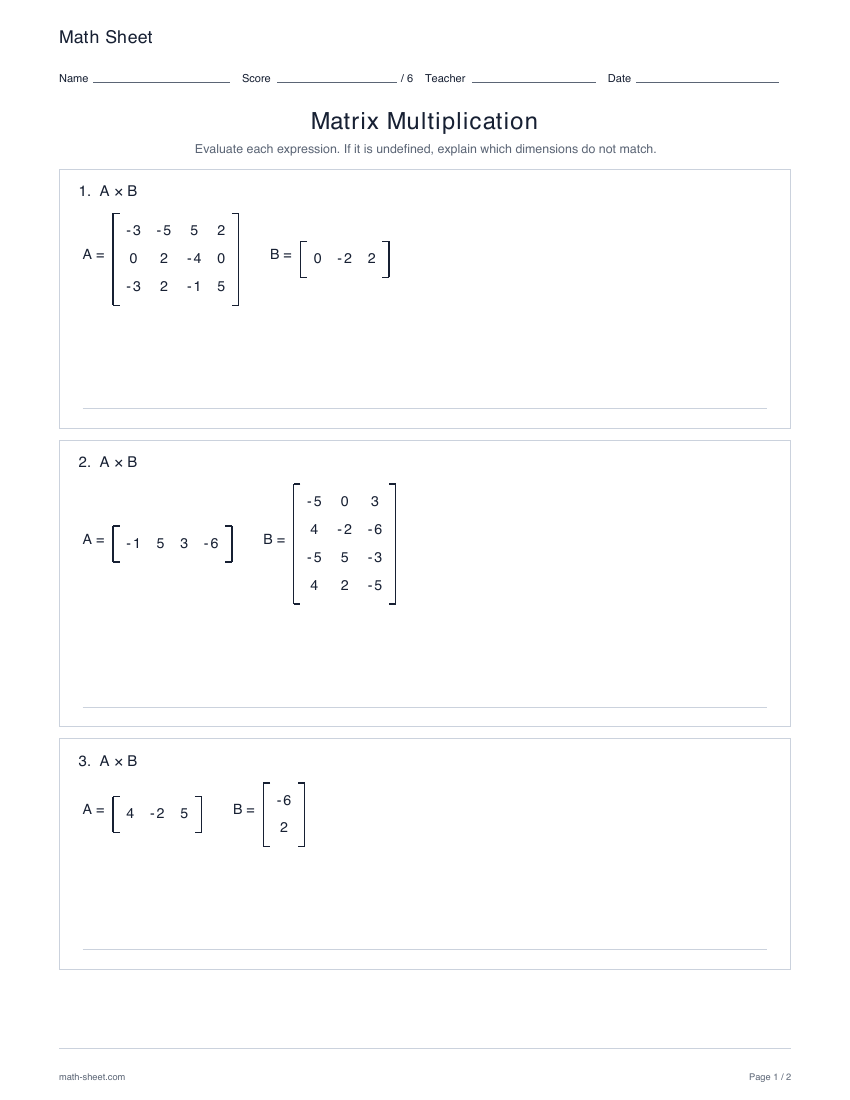 First page preview: Matrix multiplication worksheets
