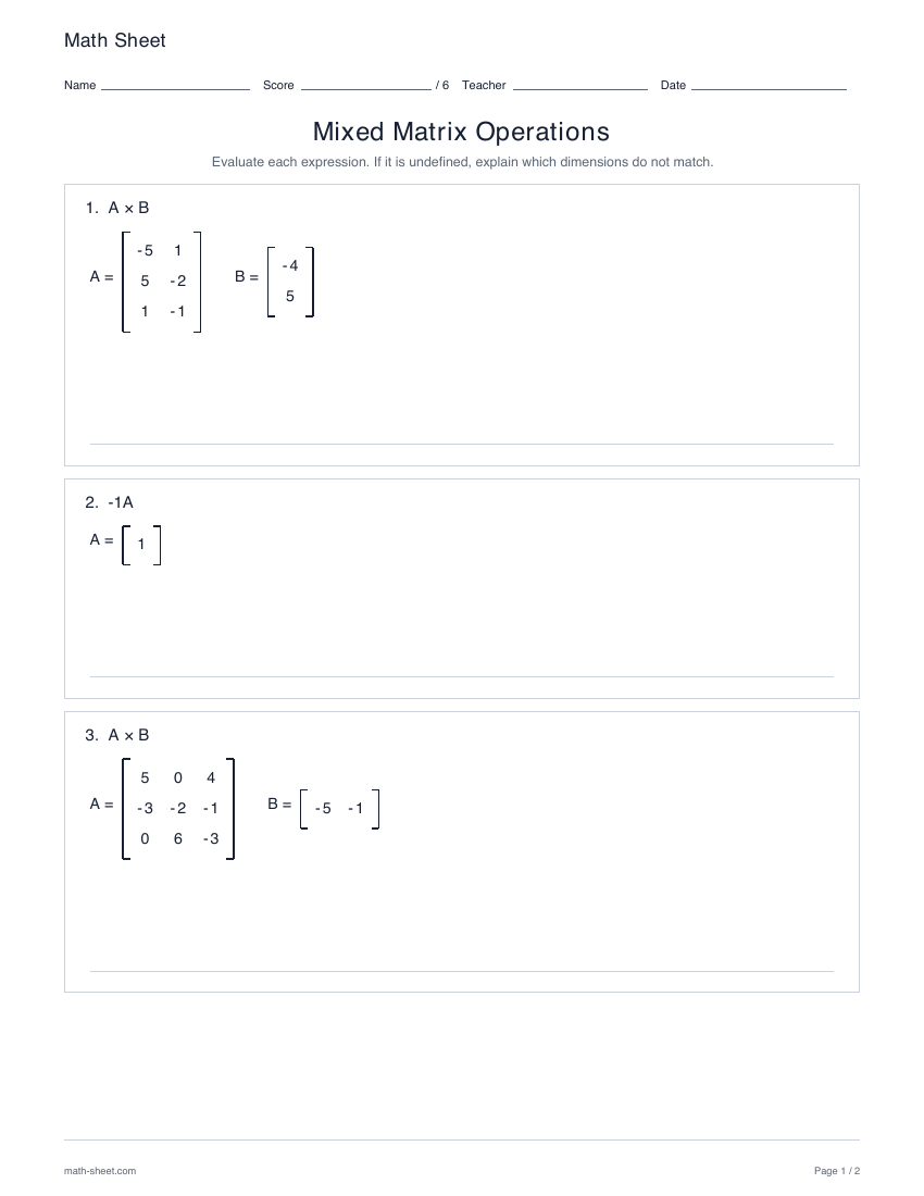 First page preview: Mixed matrix operations worksheets