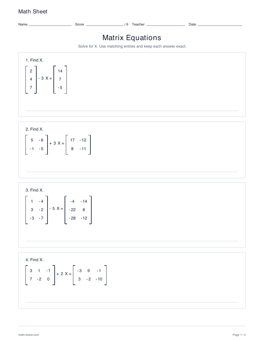First page preview: Matrix equations worksheets