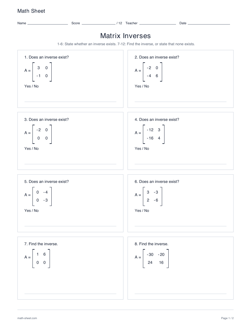 First page preview: Matrix inverse worksheets