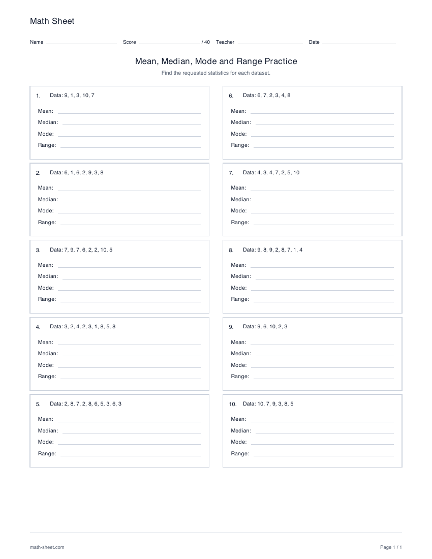Printable mean, median, mode and range practice worksheet preview