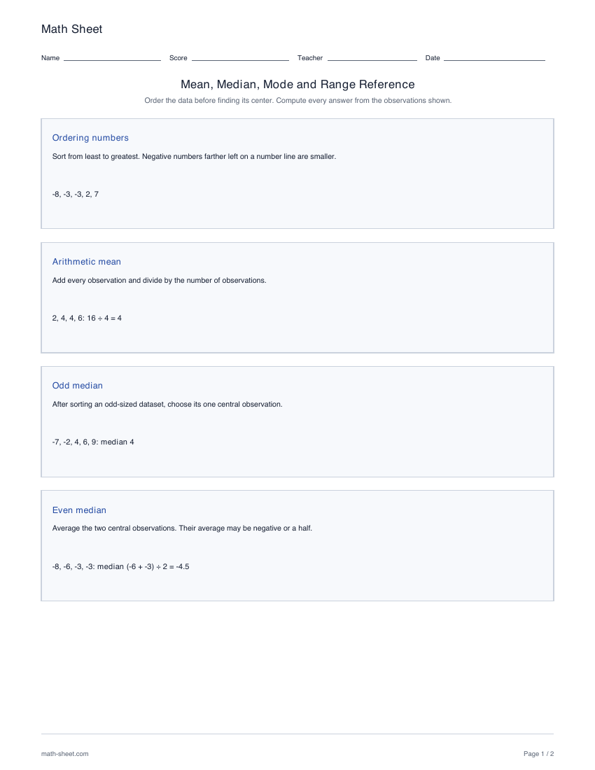 Printable mean, median, mode and range reference worksheet preview