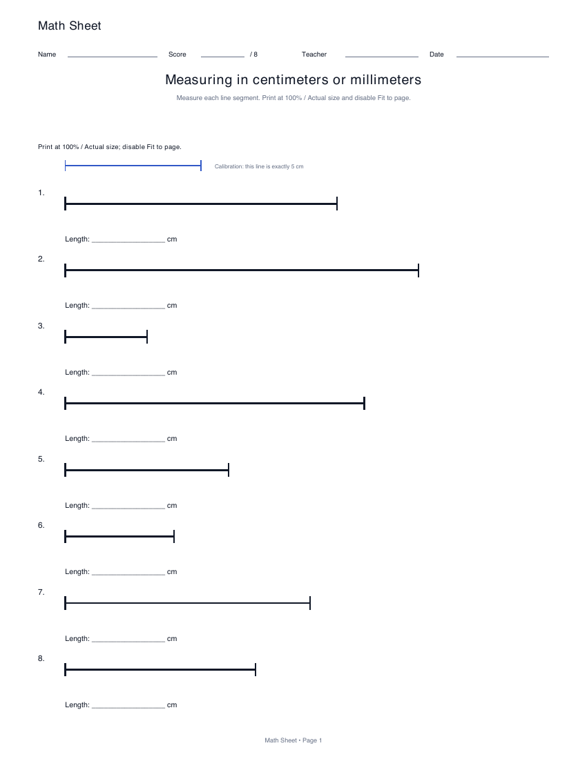 Printable measuring in centimeters or millimeters worksheet preview
