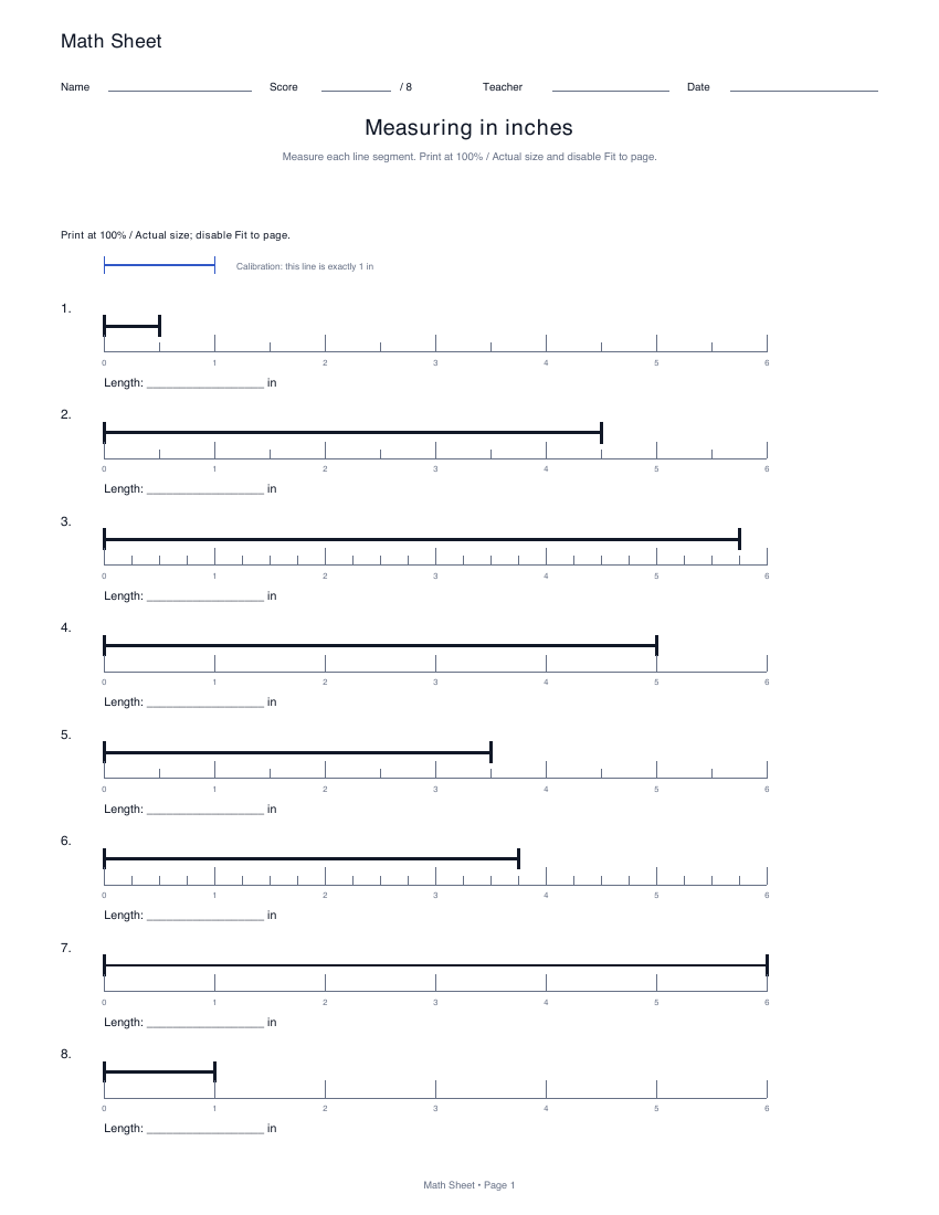Printable measuring in inches worksheet preview