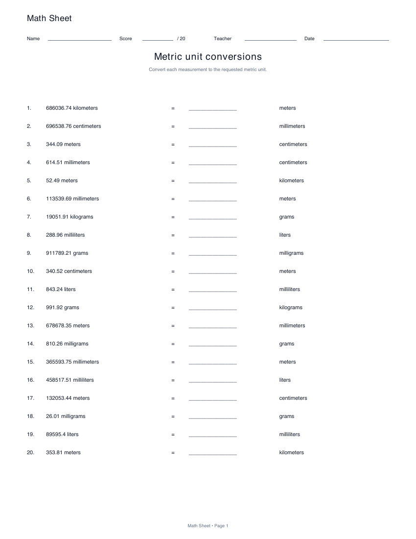 Printable metric unit conversions worksheet preview