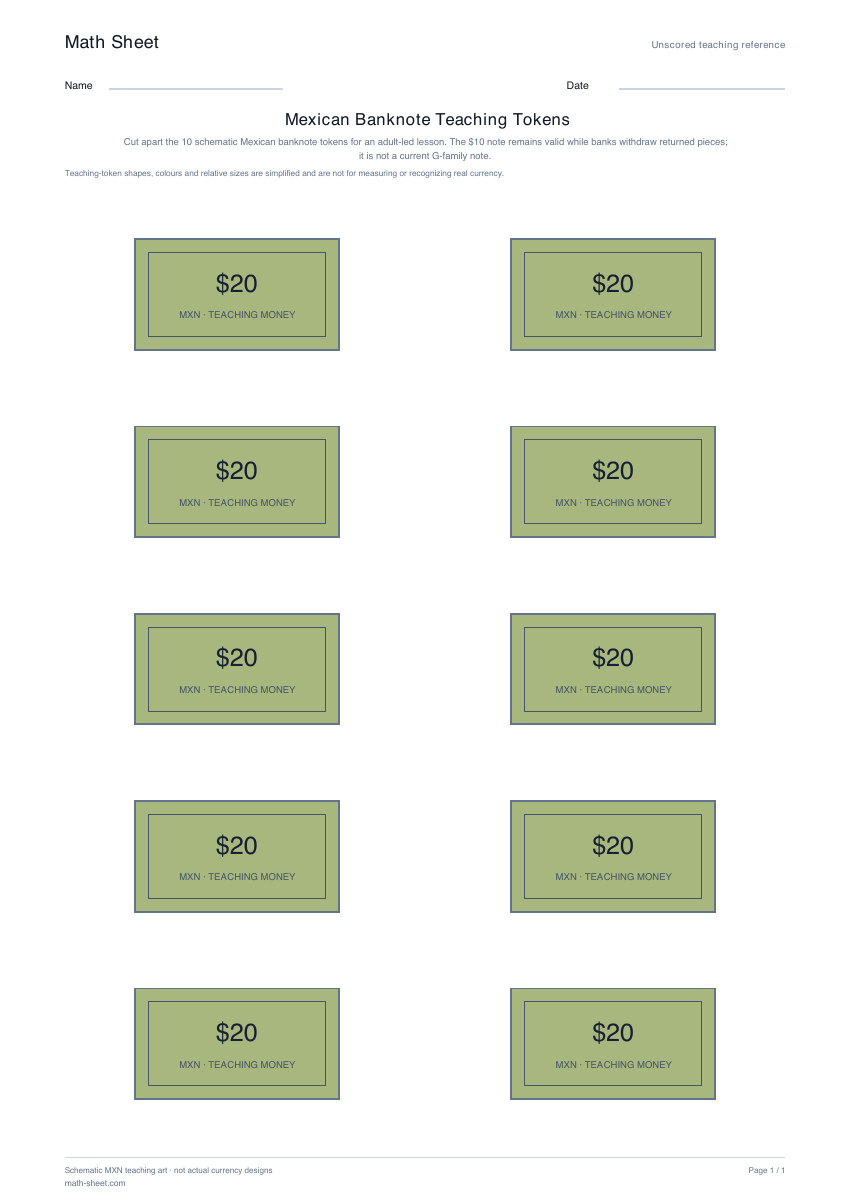 Printable mexican banknote teaching tokens worksheet preview