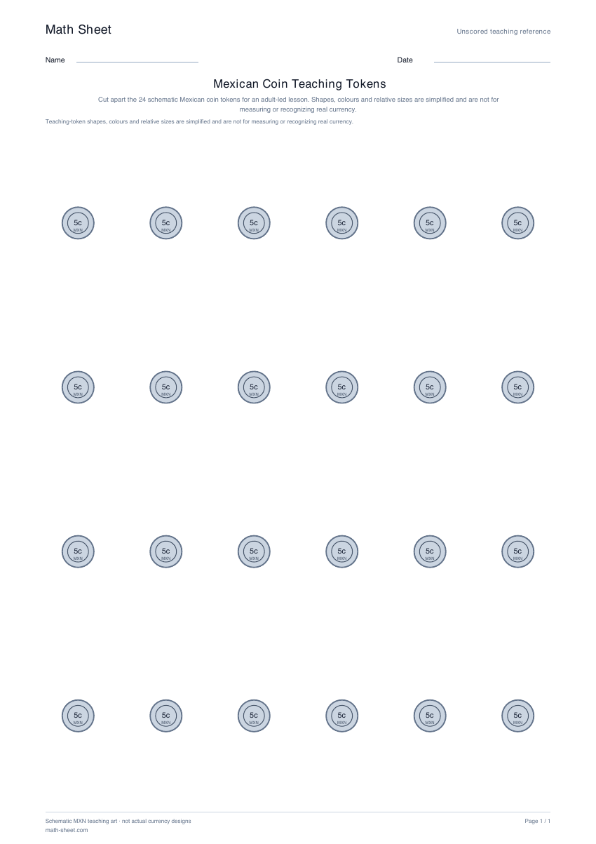 Printable mexican coin teaching tokens worksheet preview
