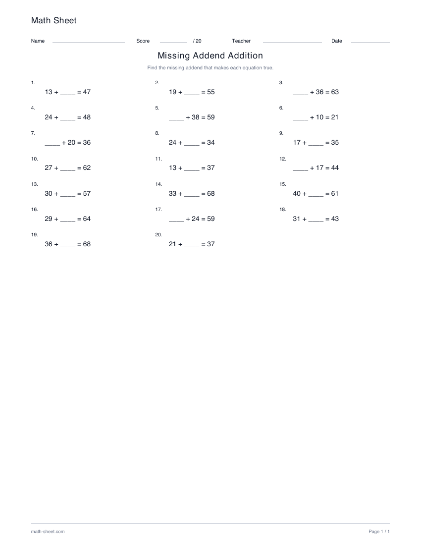 Printable missing-addend addition worksheet preview