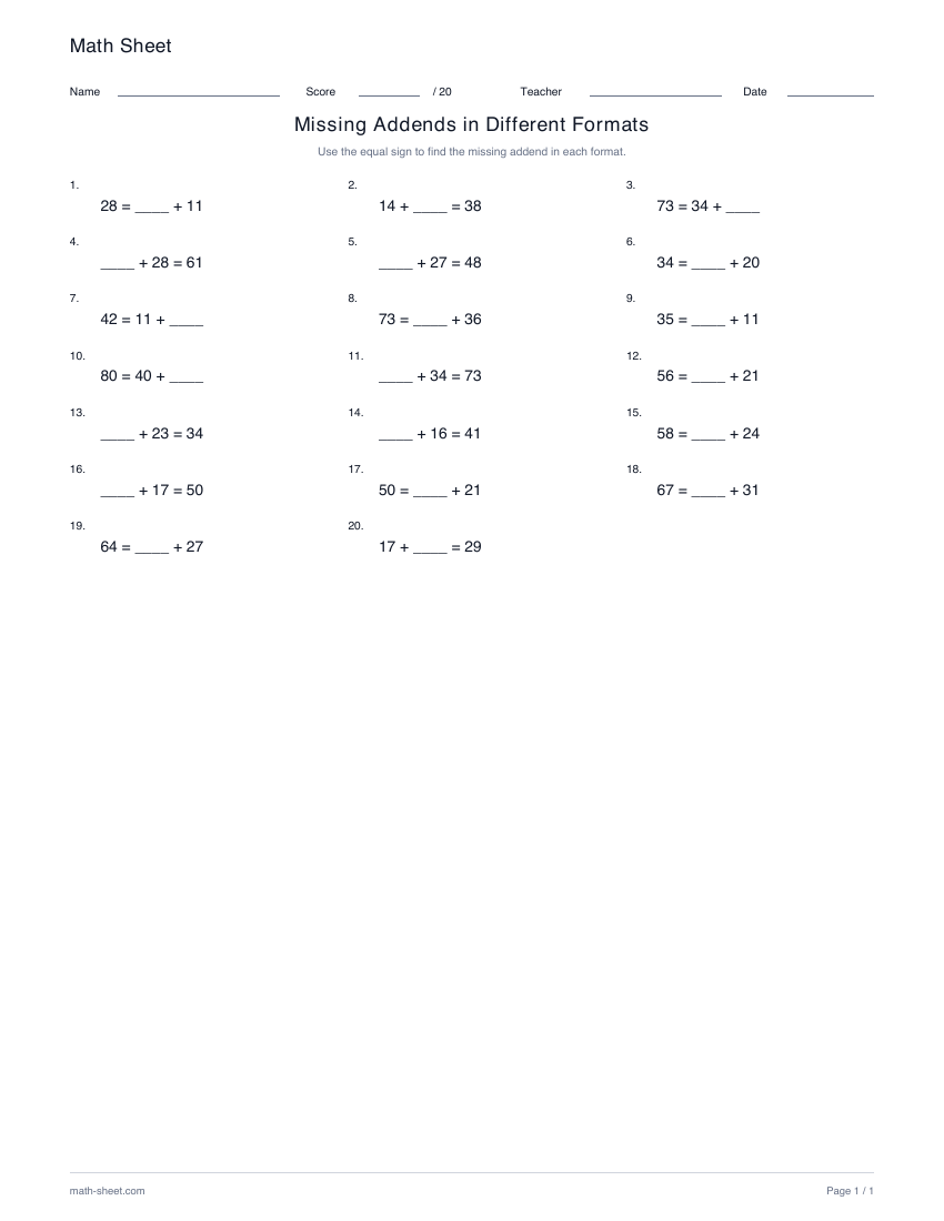 Printable missing addends in different formats worksheet preview