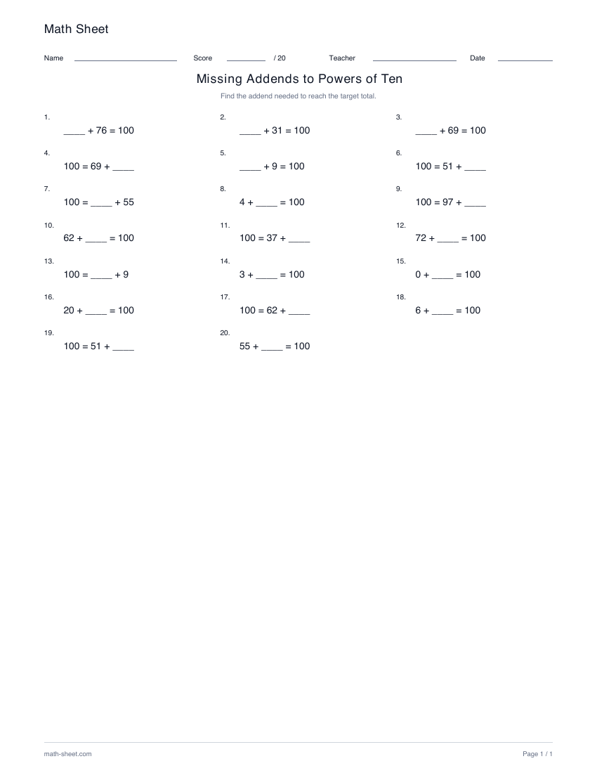 Printable missing addends to multiples of ten worksheet preview