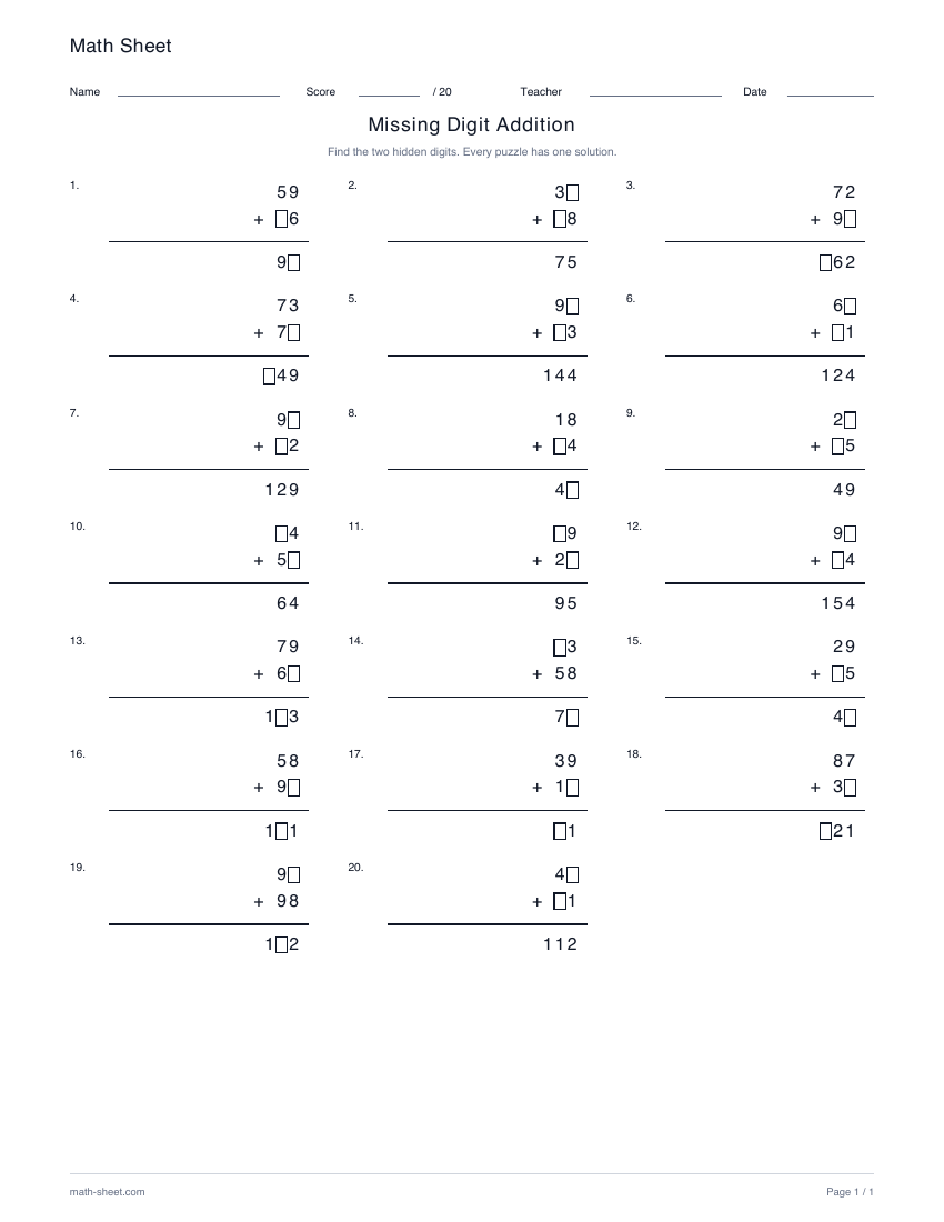 Printable missing-digit addition worksheet preview