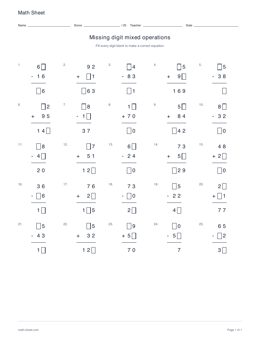 Printable missing digit mixed operations worksheet preview