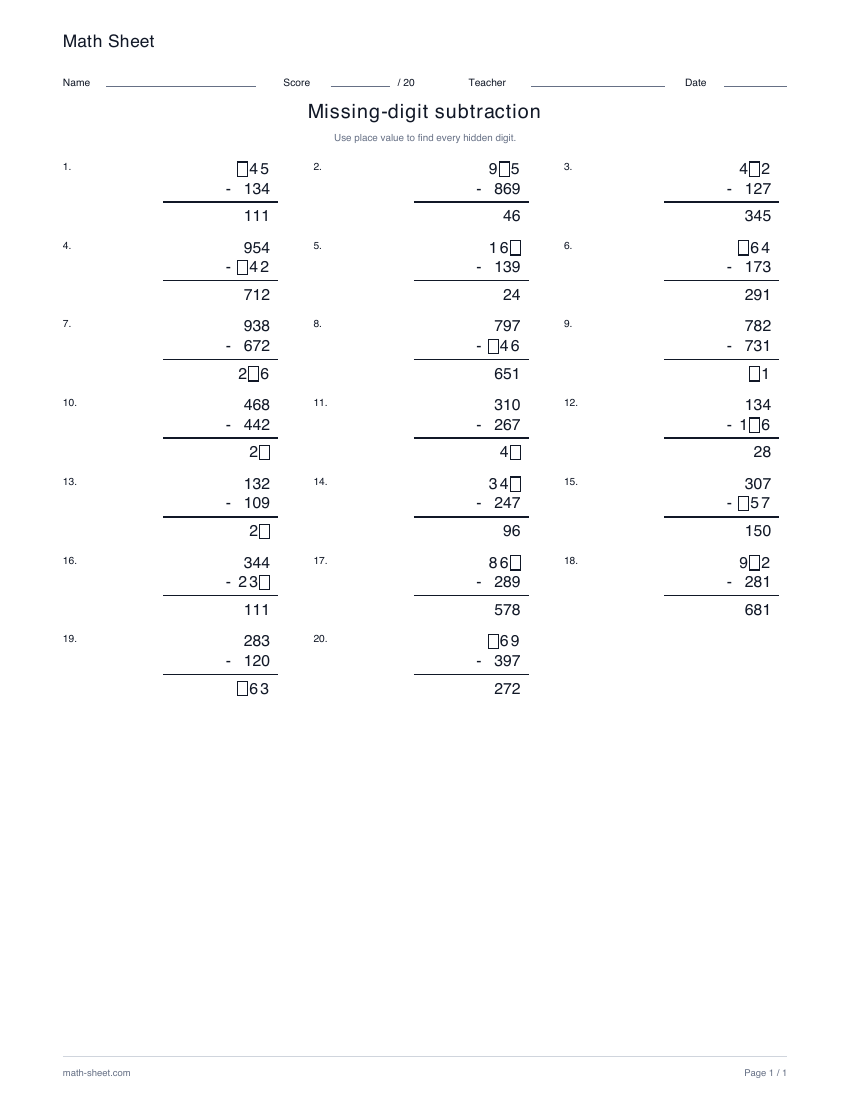 Printable missing-digit subtraction worksheet preview