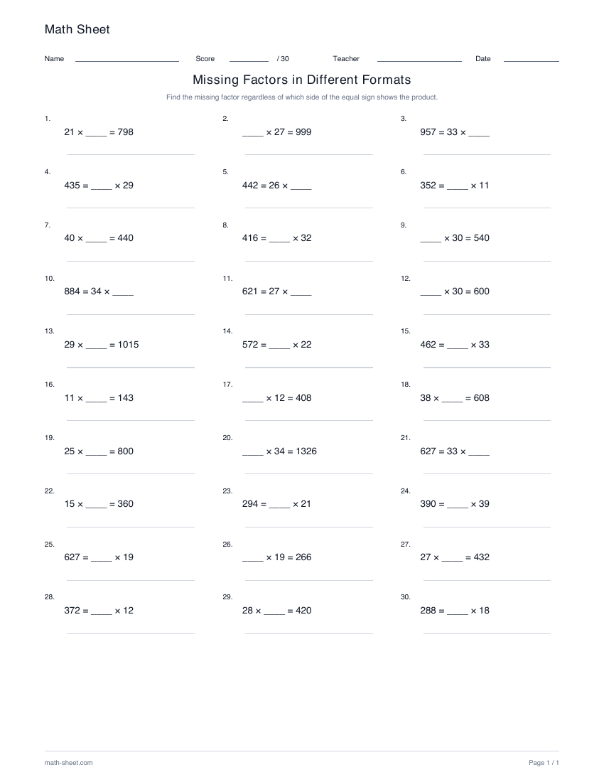 Printable missing factors in different formats worksheet preview