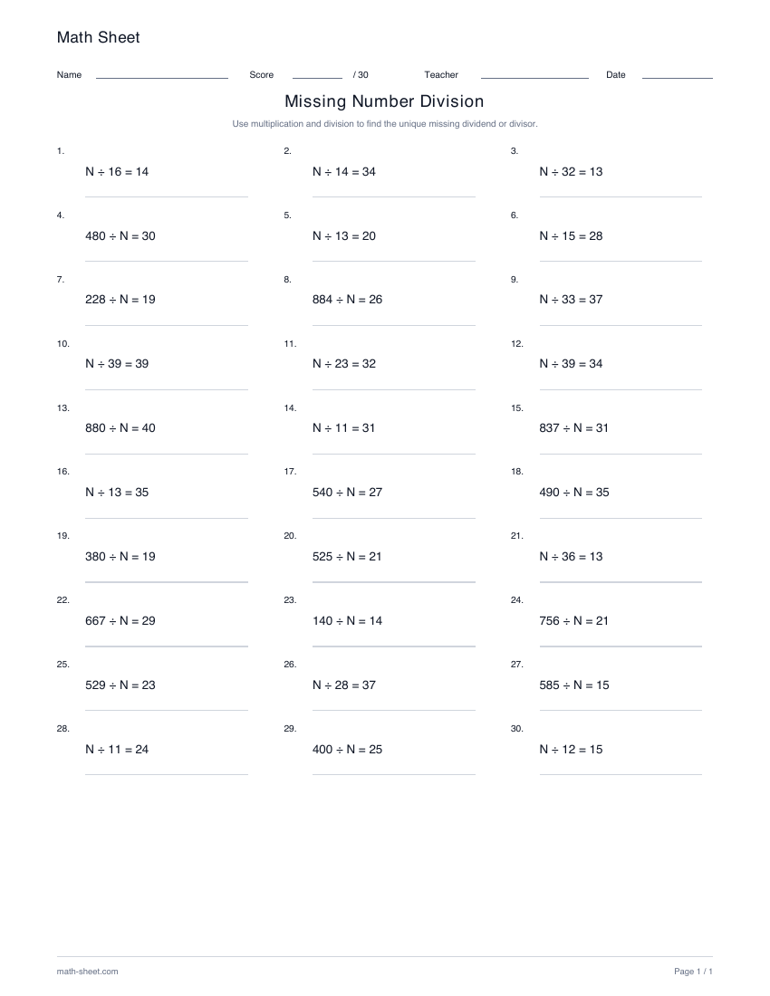 Printable missing-number division worksheet preview
