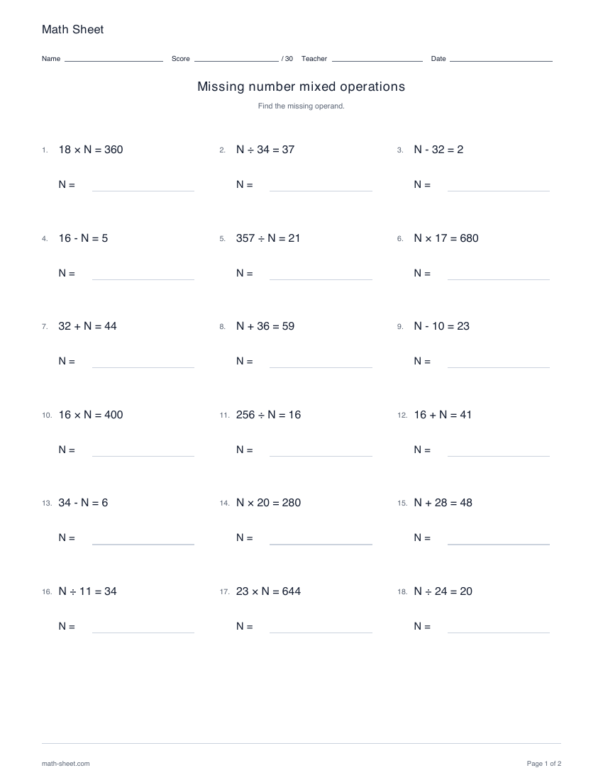 Printable missing number mixed operations worksheet preview