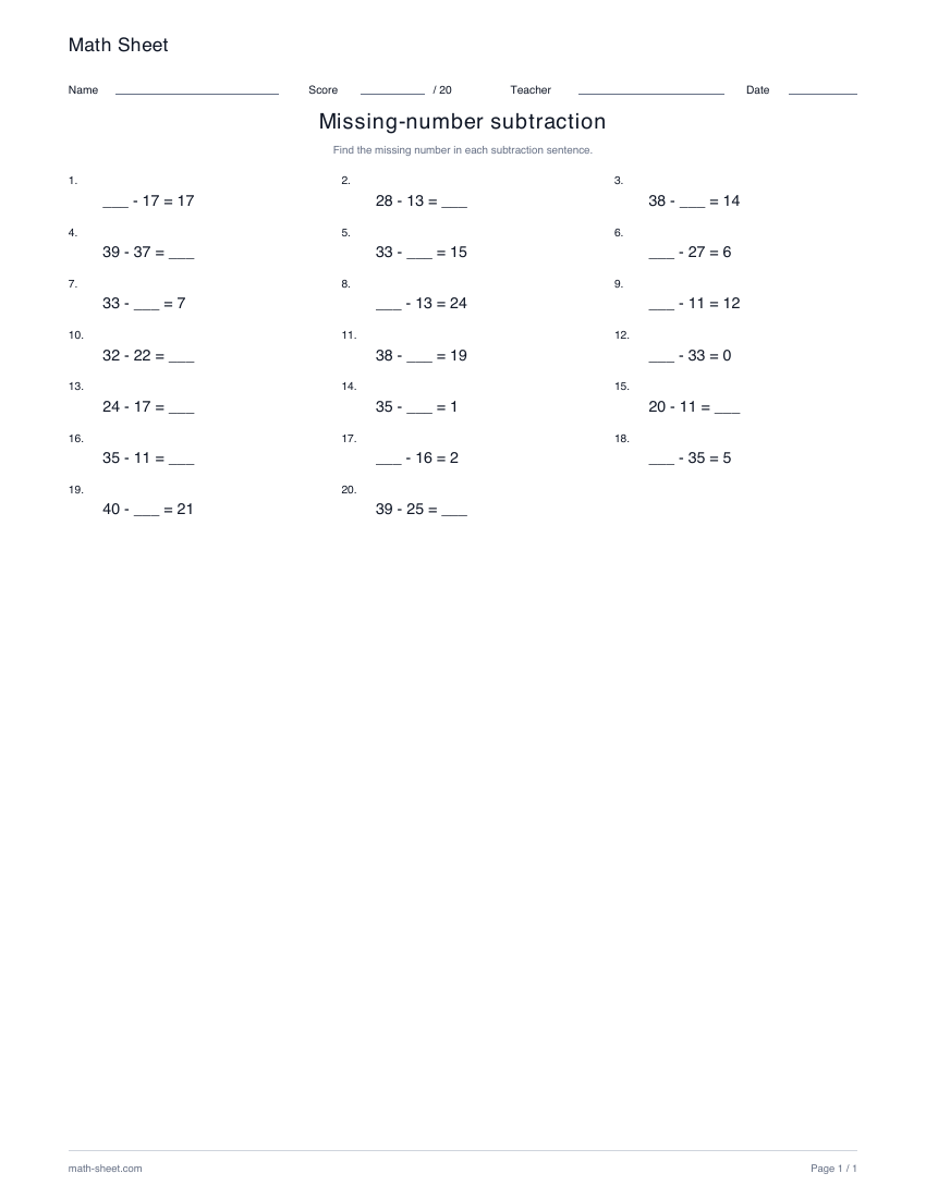 Printable missing-number subtraction worksheet preview