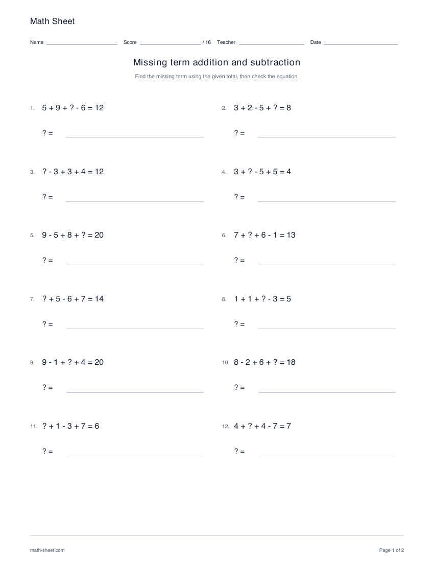 Printable missing term addition and subtraction worksheet preview